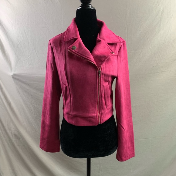 Zip Up Vegan Suede Moto Jacket Hot Pink - Picture 5 of 7